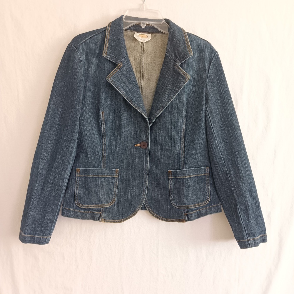 Talbots Denim Blazer Womens size 8 Blue Excellent Stretch One Button Jean Jacket